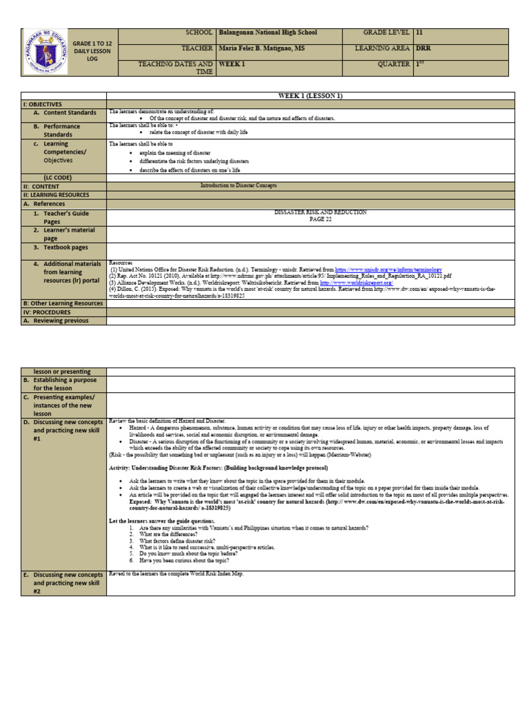 Disaster Risk Reduction Lesson Plan | PDF | Hazards | Risk