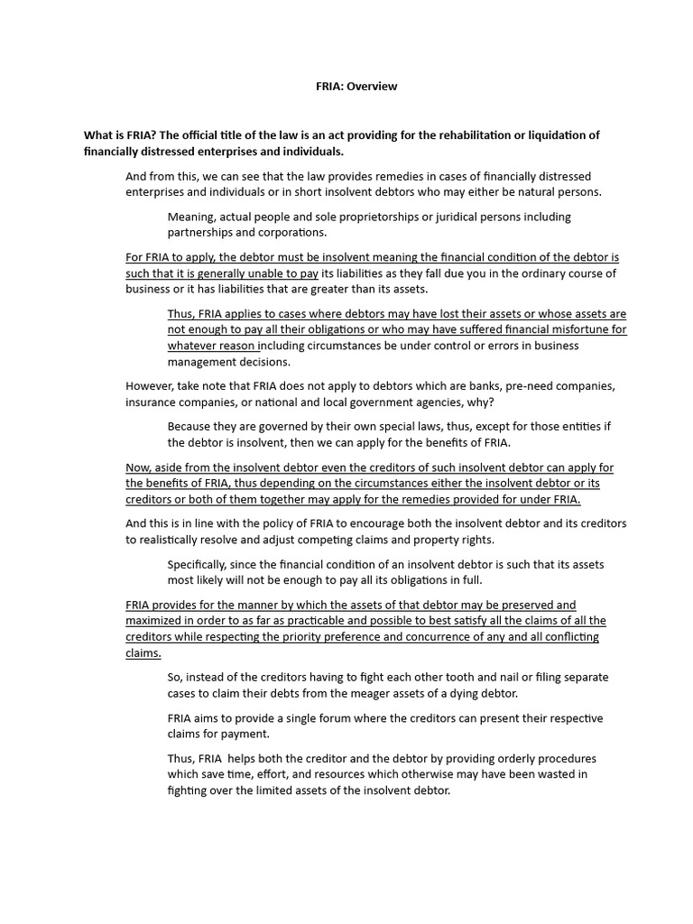 FRIA: Rehabilitation & Liquidation Guide | PDF | Insolvency | Liquidation