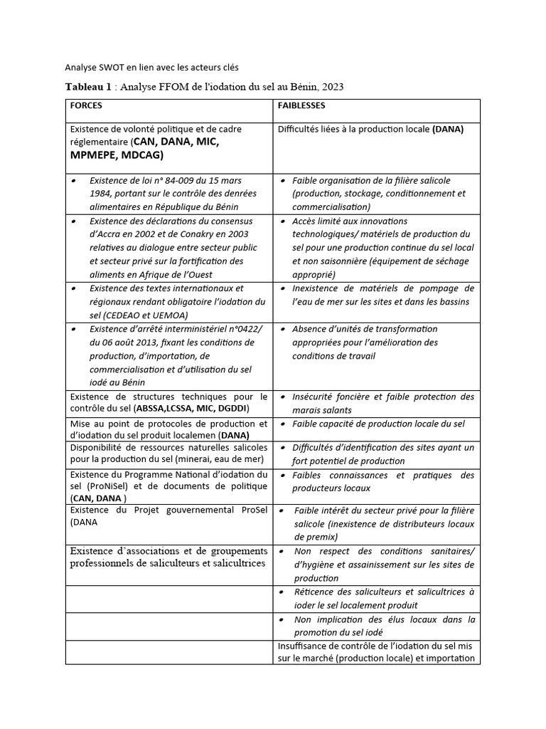 Analyse SWOT de l'iodation du sel au Bénin | PDF | Sel