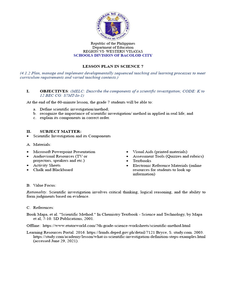 Science 7 Lesson Plan: Scientific Investigation | PDF | Experiment ...