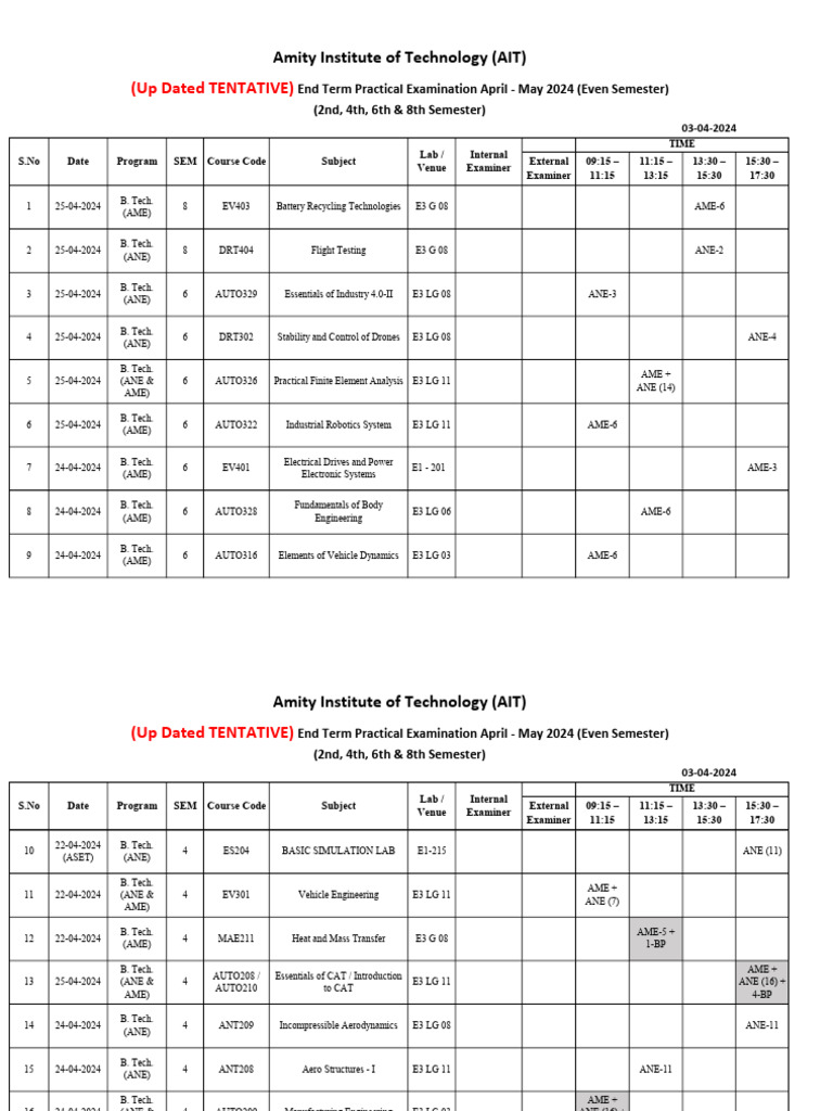 04-04-24 Updated TENTATIVE Practical Exam Schedule | PDF | Engineering