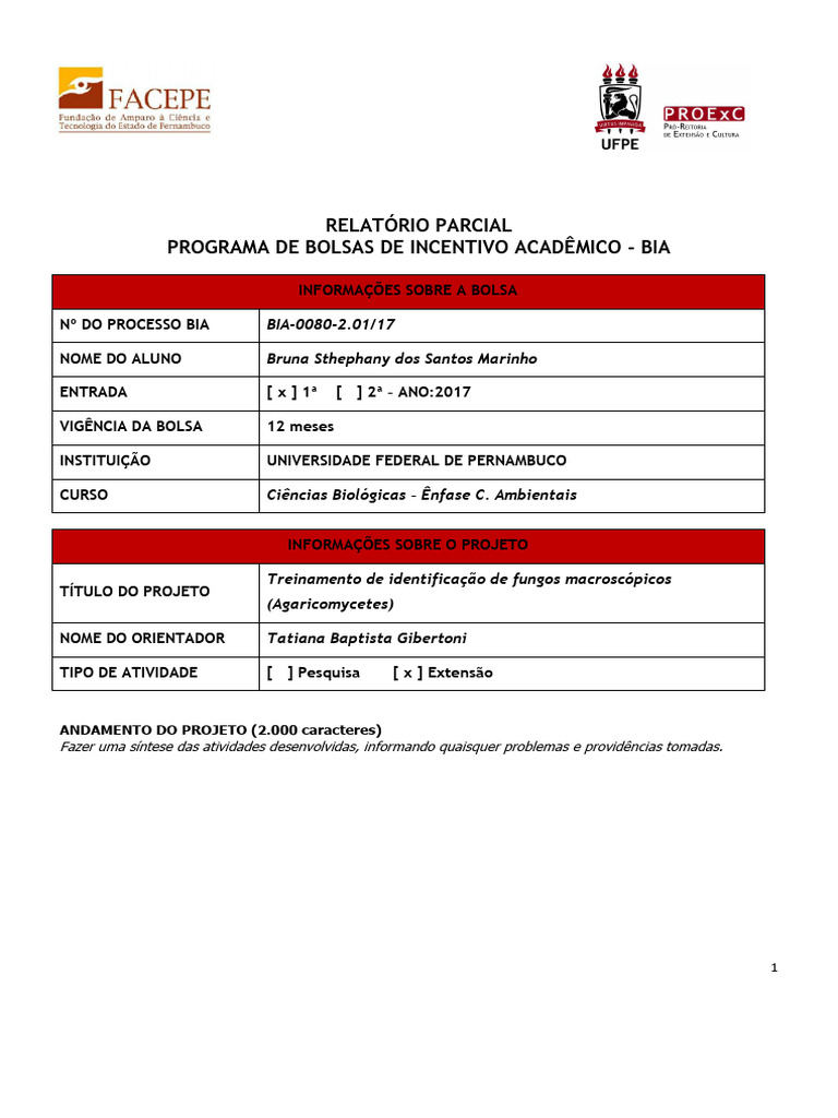 01 Modelo de Relatorio Parcial BIA FACEPE 201 | PDF | Fungo | Biologia