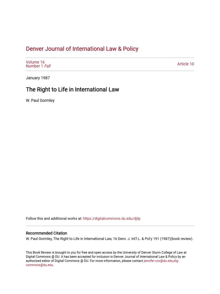 The Right To Life in International Law | PDF | European Convention On ...