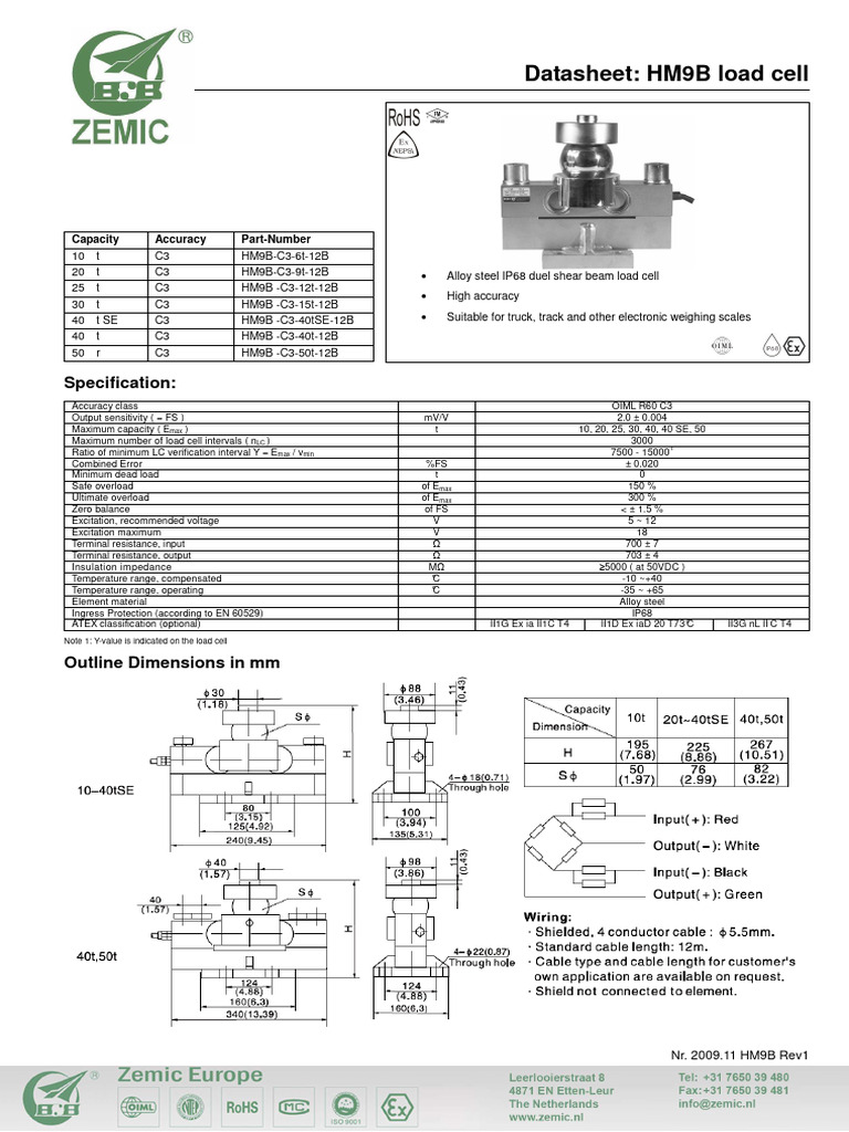 HM9B Load Cell Datasheet Overview | PDF | Metrology | Measuring Instrument
