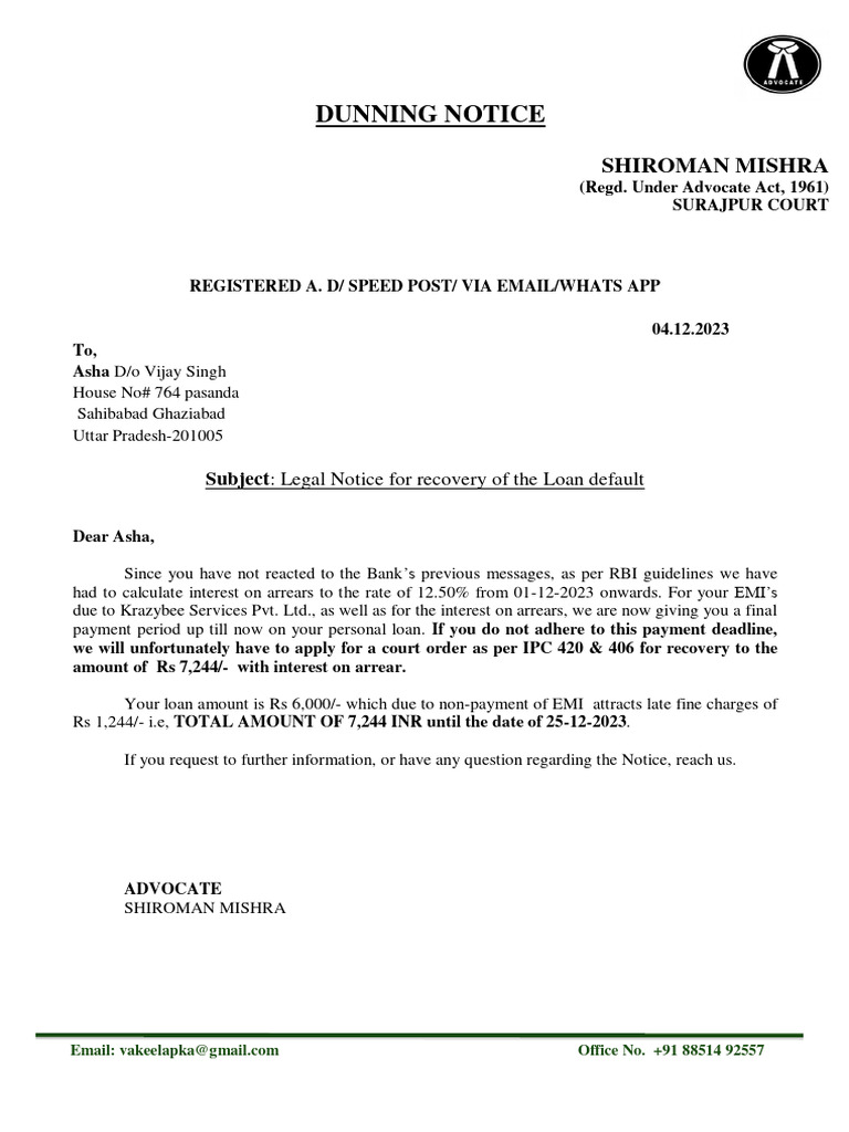 Legal Notice for Loan Recovery | PDF