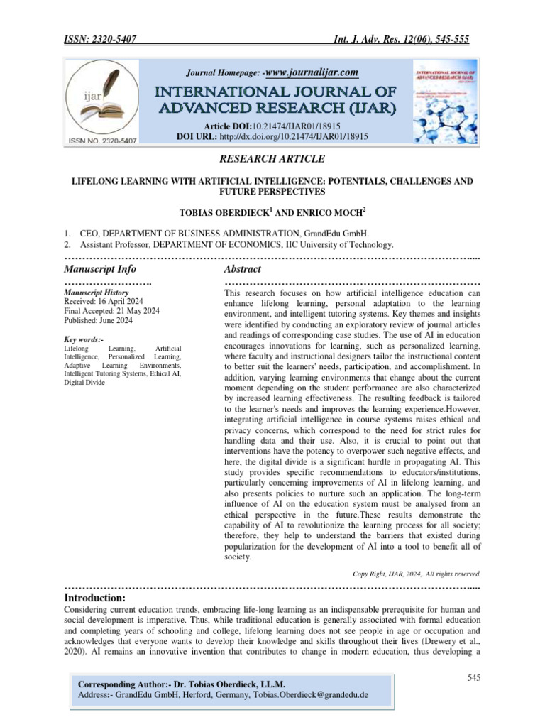 Lifelong Learning With Artificial Intelligence: Potentials, Challenges ...