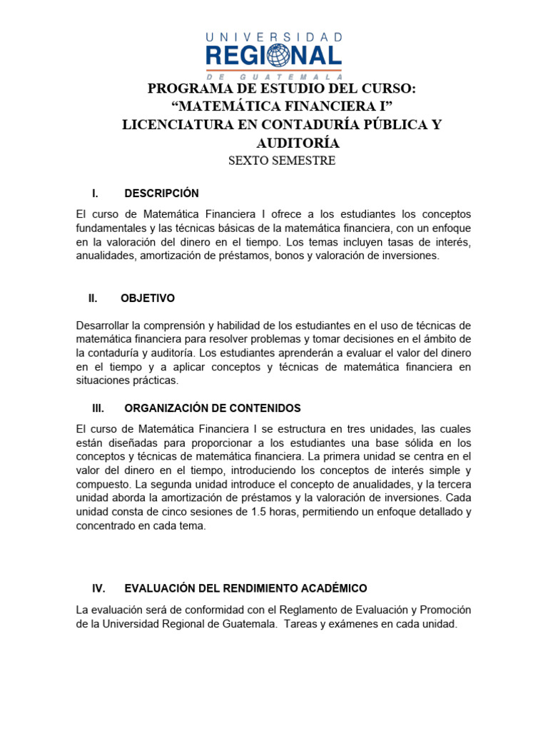 Curso de Matemática Financiera I | PDF | Evaluación | Finanzas Matemáticas