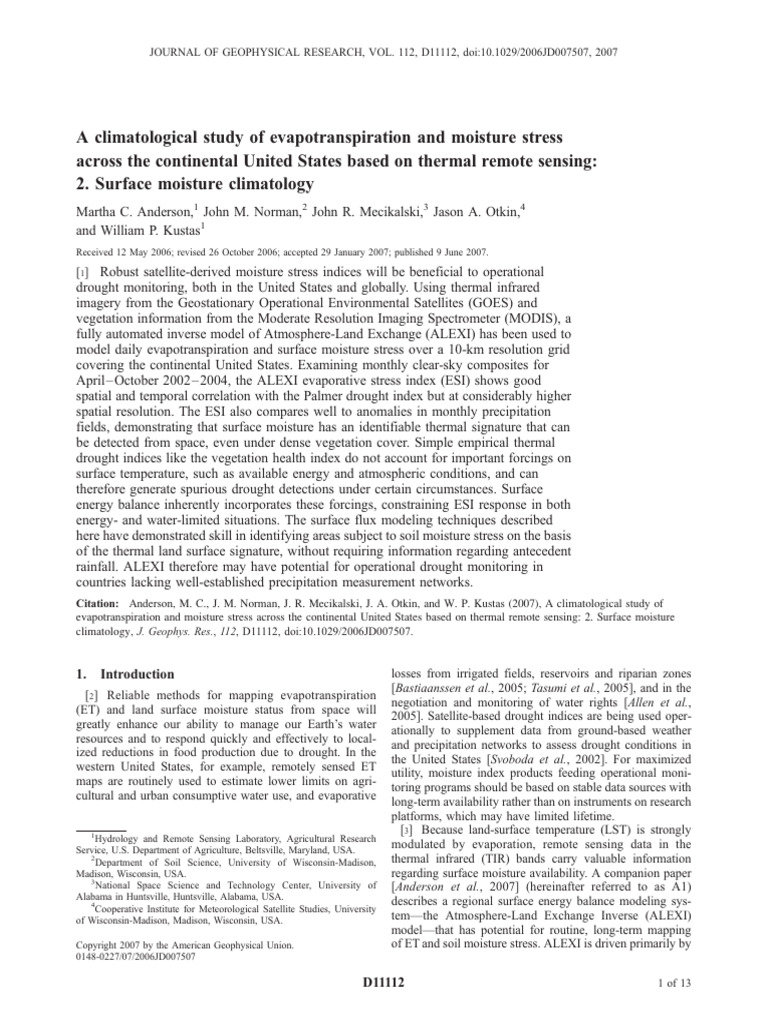A Climatological Study of Evapotranspiration and Moisture Stress Across ...