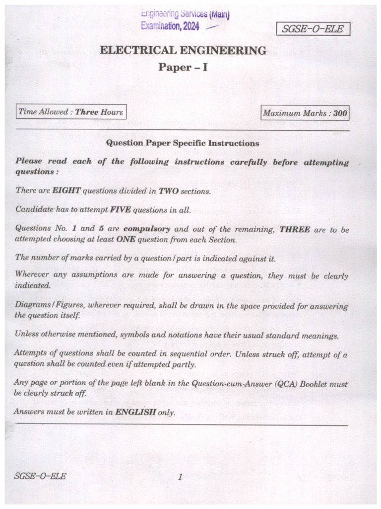 QP Esem 24 Electrical Engineering Paper I 240624 | PDF