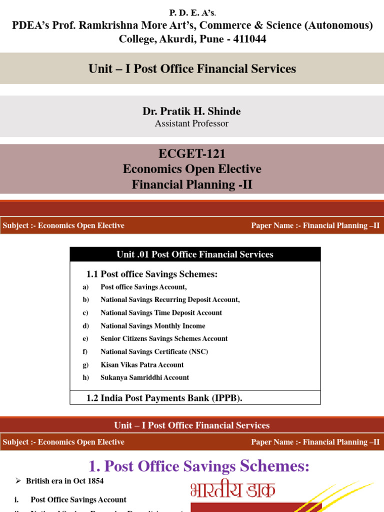 Financial Planning-II Unit - I Post Office Financial Services by Dr ...