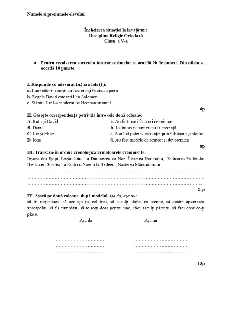 Test de Evaluare Finala Clasa A V A | PDF