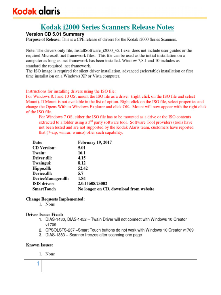Kodak i2000 Scanners Driver Release Notes | PDF | Image Scanner ...