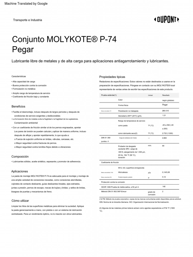 523hoja-tecnica-MOLYKOTE® P-74 | PDF | Lubricante | Ingeniería mecánica