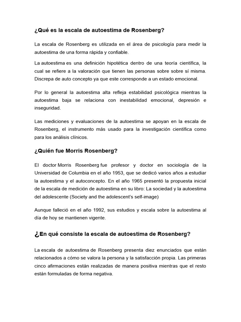 Escala de Autoestima de Rosenberg | PDF | Autoestima | Sicología