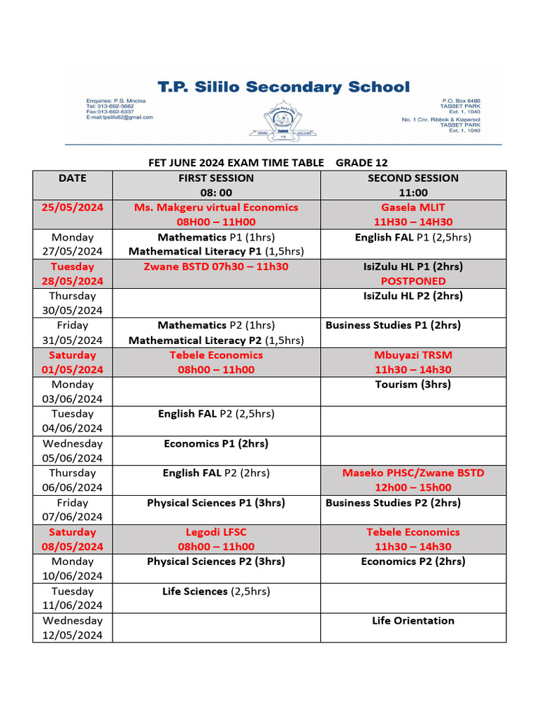 Exam Time Table Grade 12 2023