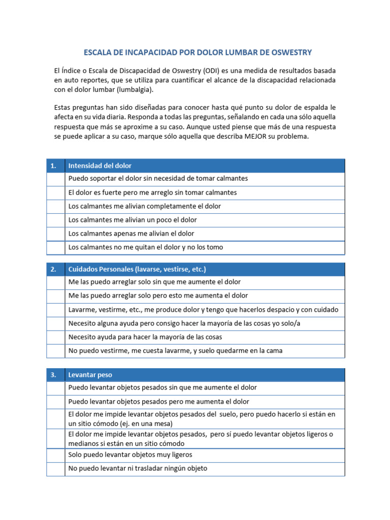 Escala de Discapacidad de Oswestry | PDF | Dolor lumbar | Dolor
