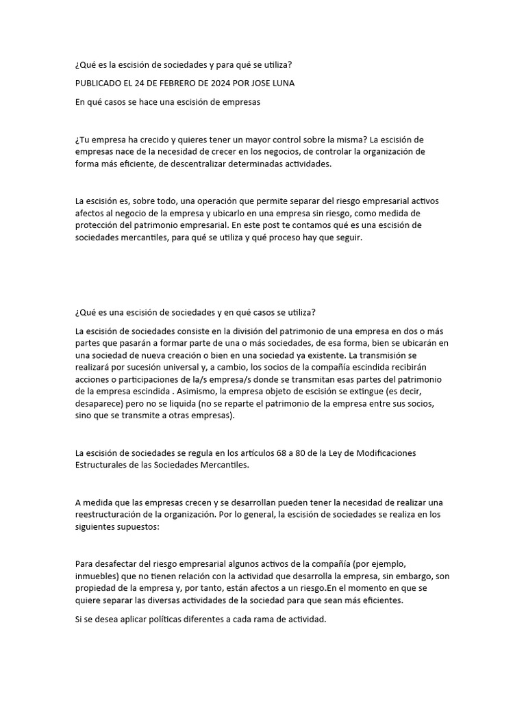 Qué Es La Escisión de Sociedades y para Qué Se Utiliza | PDF | Sociedad ...