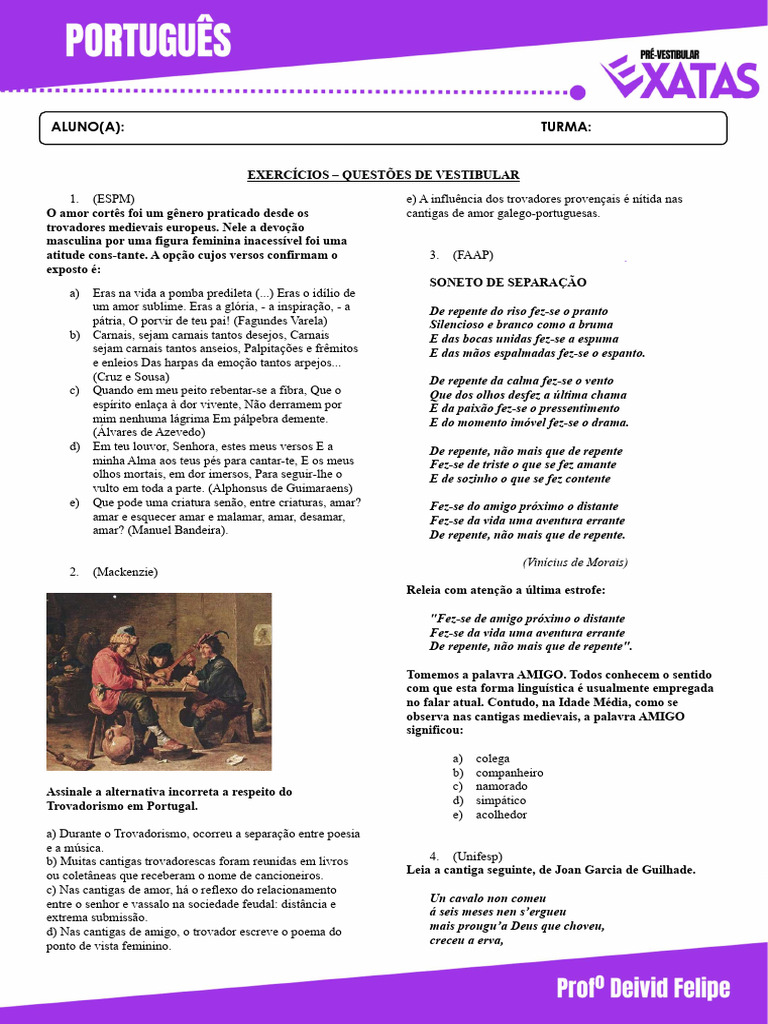 Questões de Vestibular sobre Trovadorismo e Amor Cortês | PDF | Amor