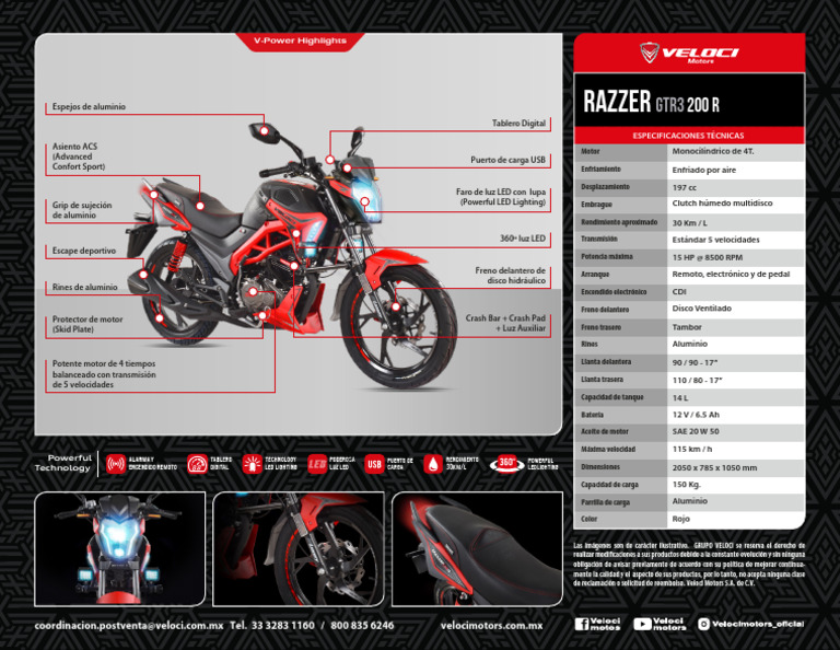 Especificaciones Veloci Razzer GTR 200 | PDF | Embrague | Diodo emisor ...