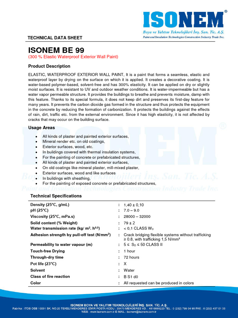 ISONEM BE 99: Elastic Waterproof Paint | PDF | Paint | Plaster