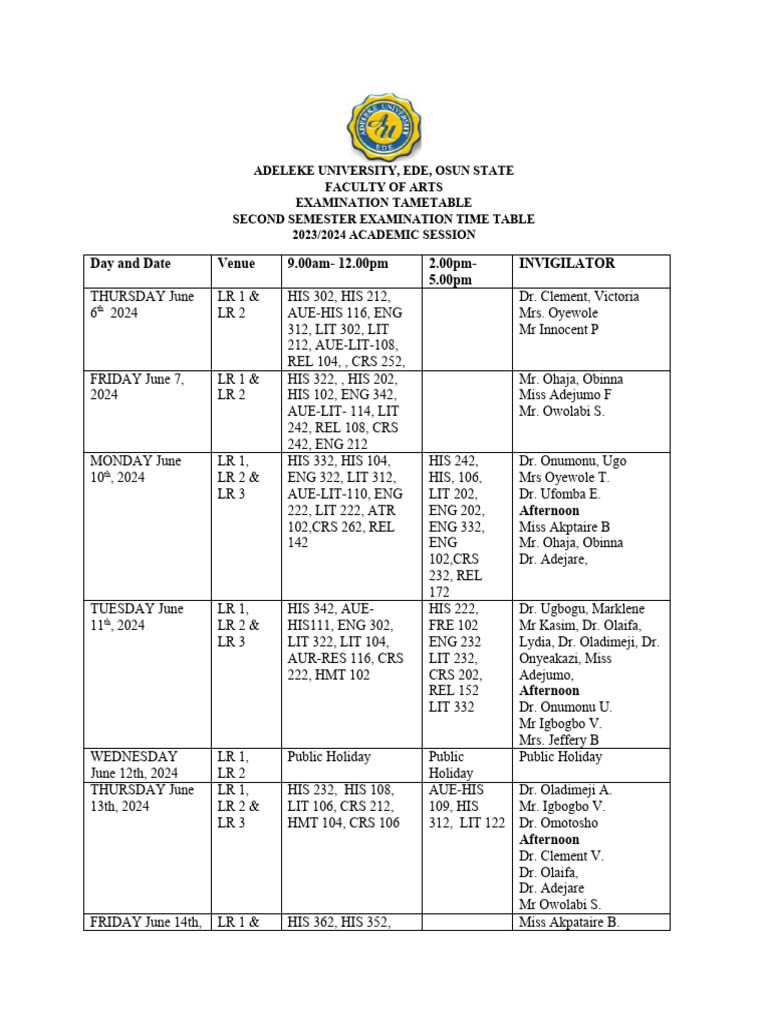 Final Adjustment for 100 to 300L second semester examination timetable PDF