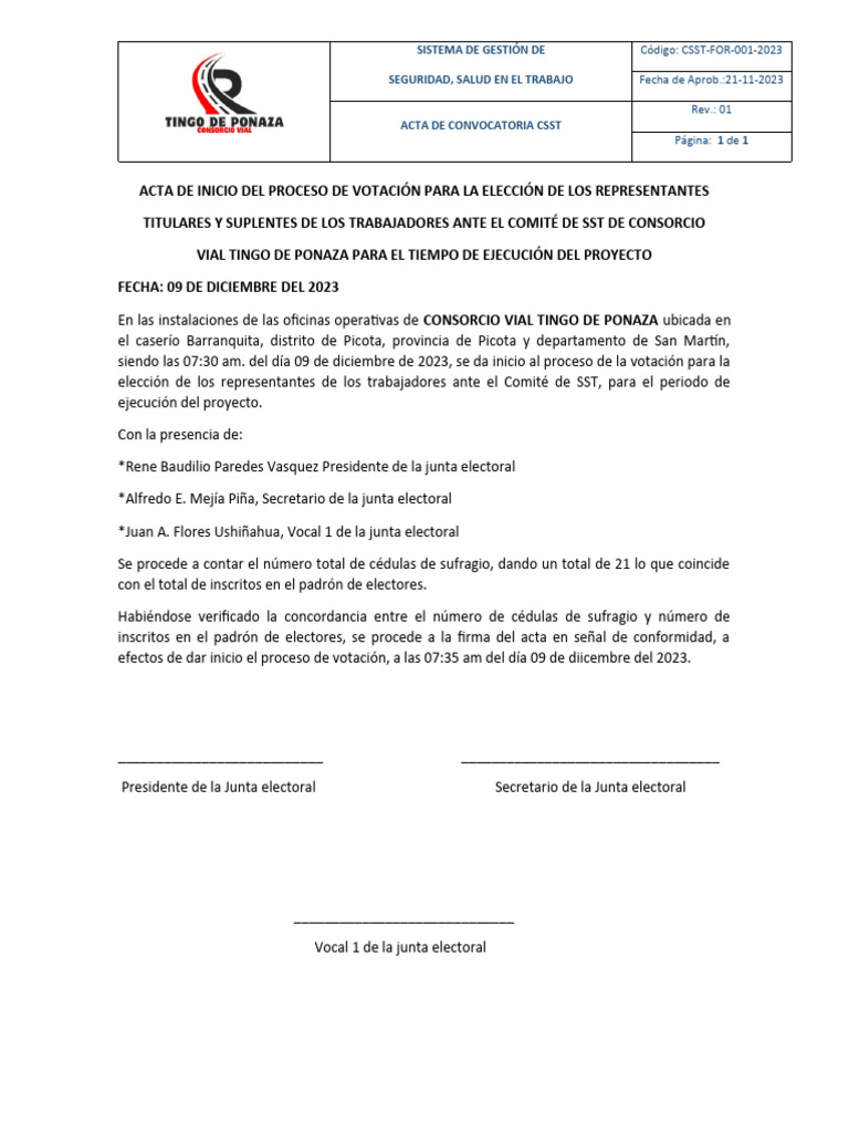 Acta de Inicio Del Proceso de Votacion 4 TP | PDF