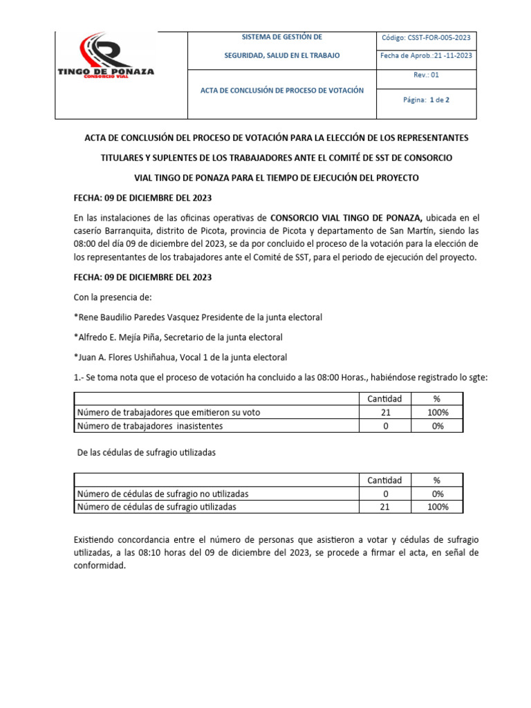 Acta de Cierre de Elecciones SST | PDF | Gobierno | Elecciones
