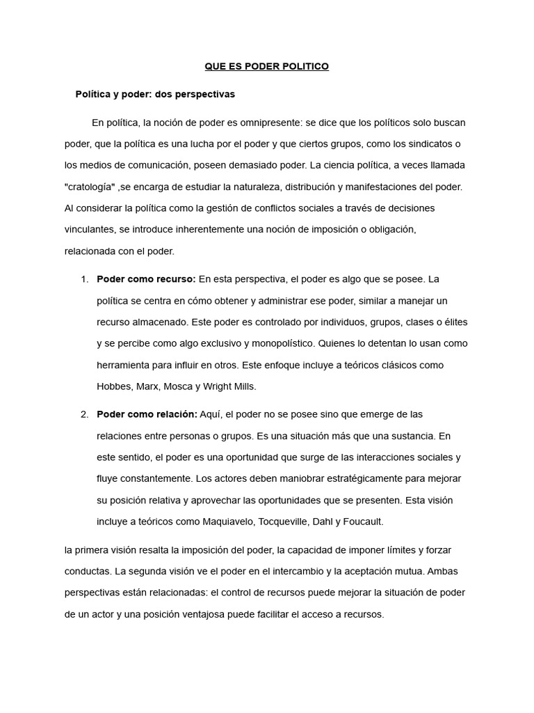 Definición y Perspectivas del Poder Político | PDF | Poder (social y ...