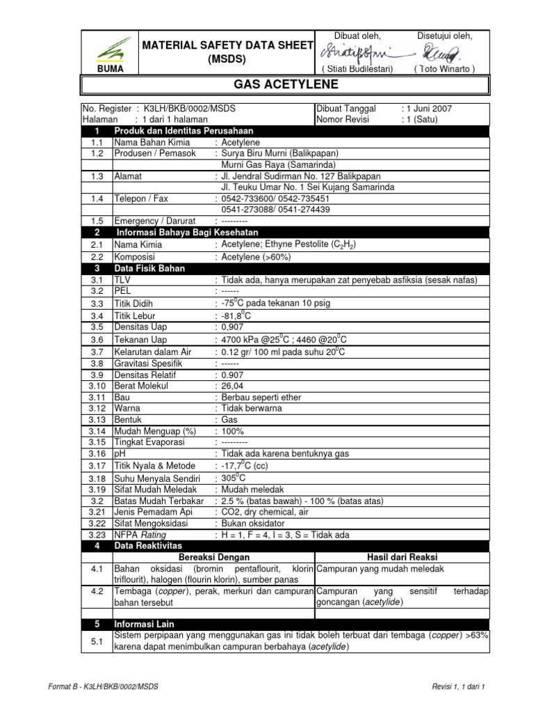 MSDS Gas Acetylene: Informasi Bahaya dan Data | PDF