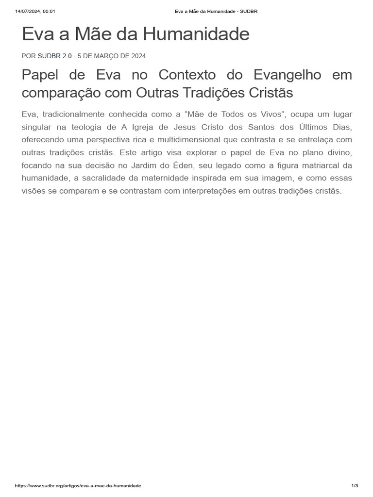 Eva: Mãe da Humanidade e Teologia SUD | PDF | Adão e Eva | Teologia