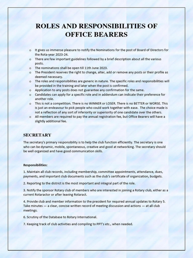 Office Bearers Roles and Responsibilities | PDF | Career & Growth