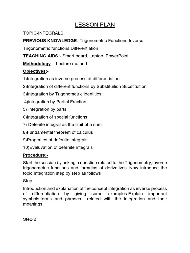 Comprehensive Lesson Plan on Integrals | PDF | Integral | Function ...