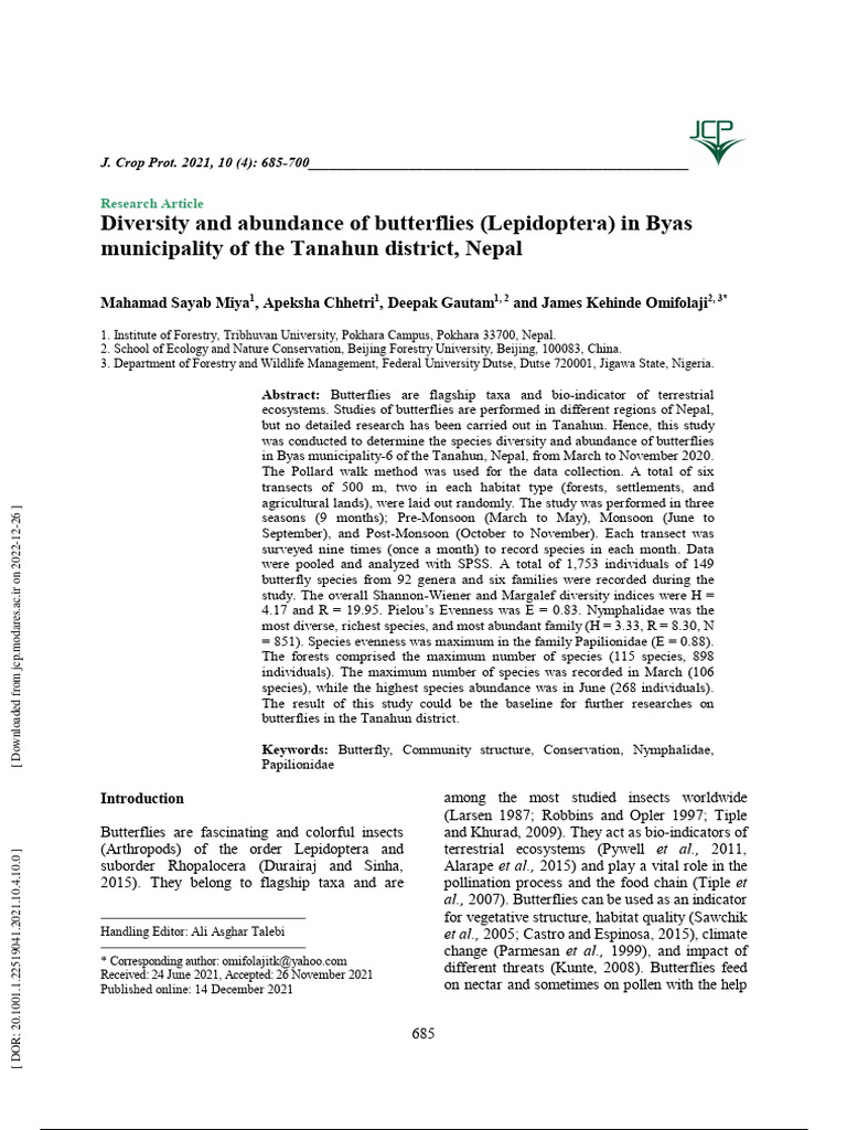 Diversity and Abundance of Butterflies | PDF | Biodiversity | Pollination