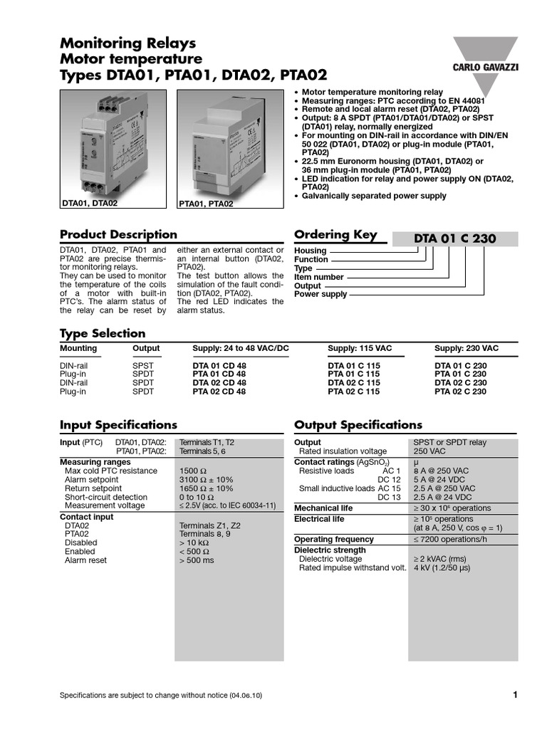 Motor Temperature Monitoring Relays | PDF | Relay | Alternating Current