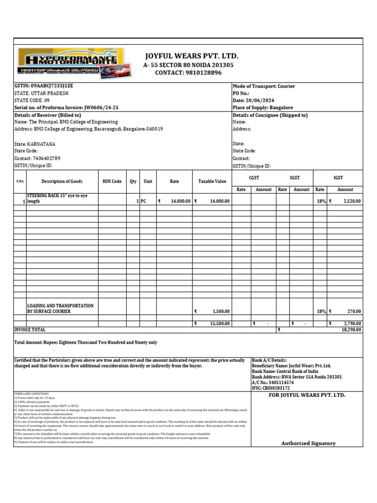 Courier Invoice for Steering Rack Purchase | PDF | Payments | Economies