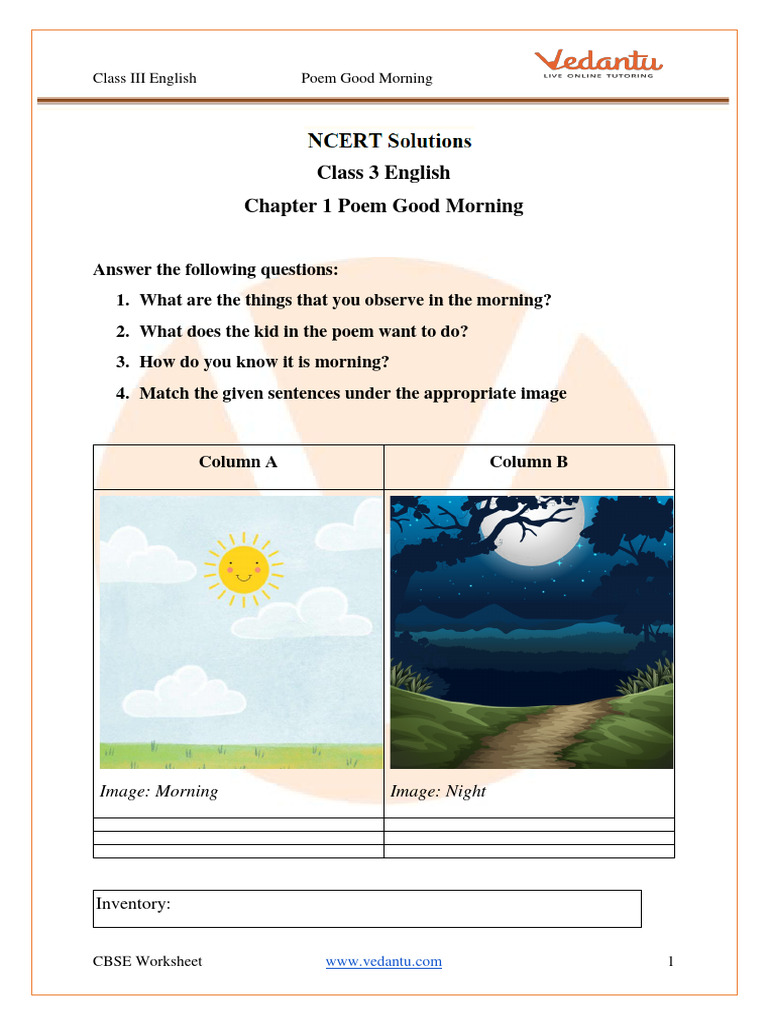 NCERT Solutions For Class 3 English Chapter 1 Good Morning PDF