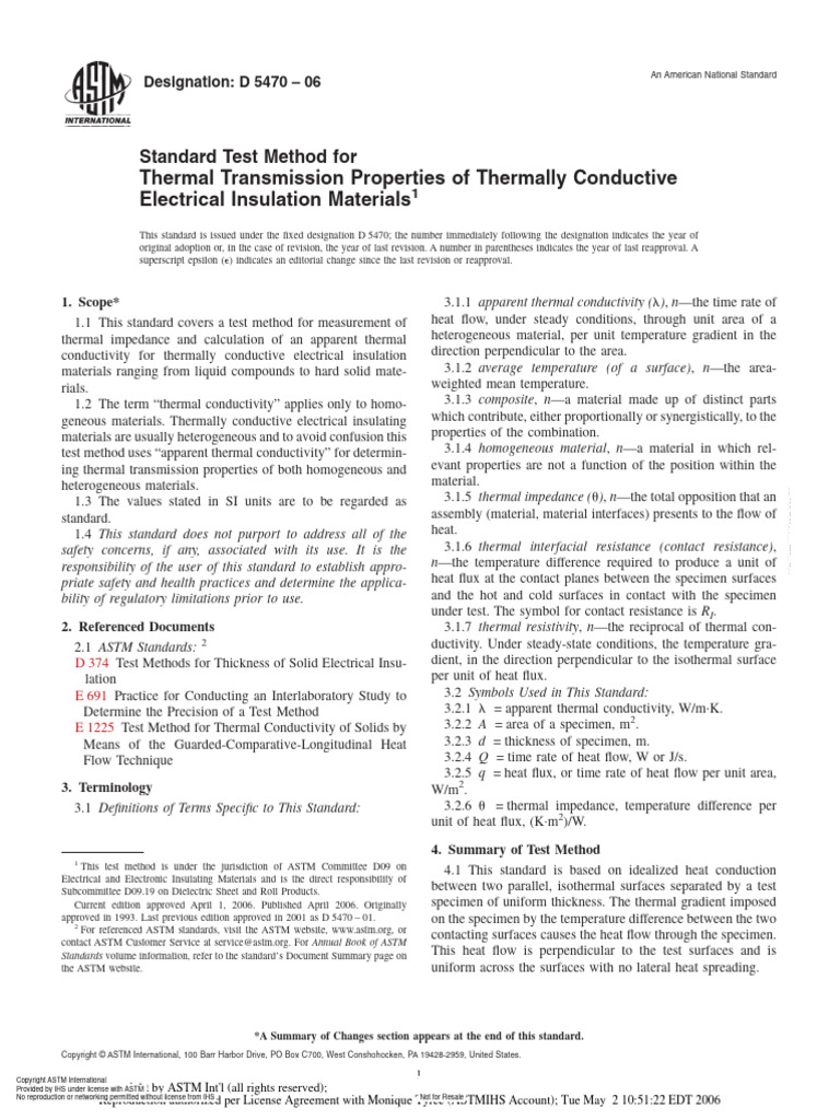 ASTM D 5470-06 Standard Test Method For Thermal Transmission Properties ...