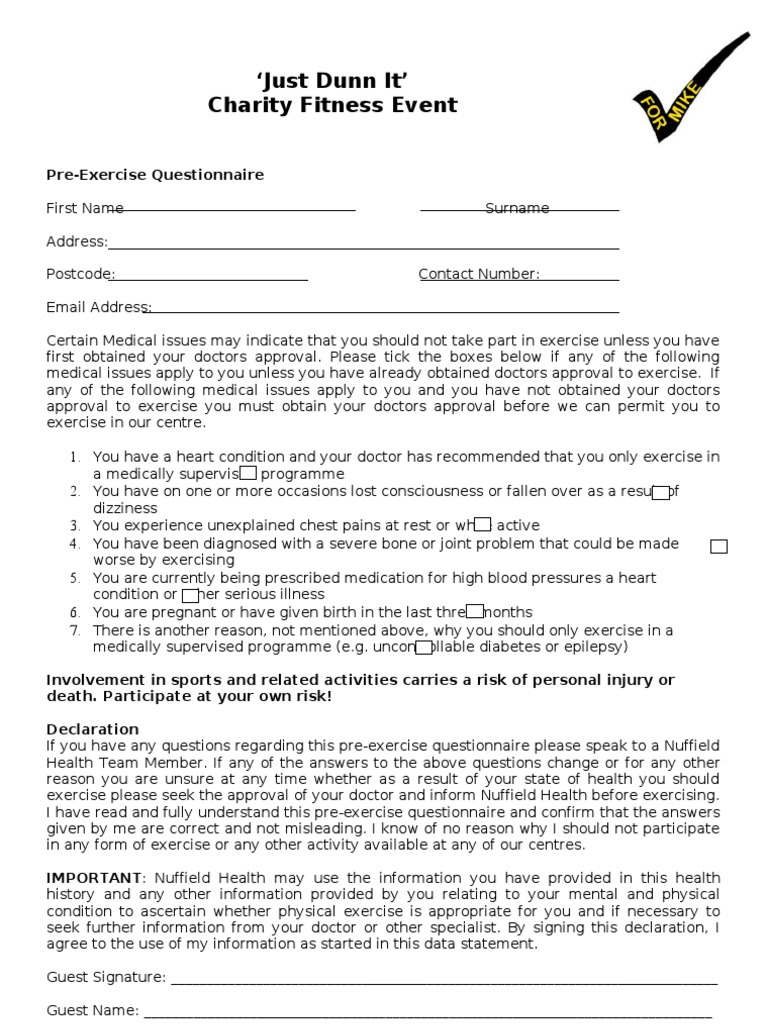 Pre Exercise Questionnaire PDF Physician Cardiovascular Diseases