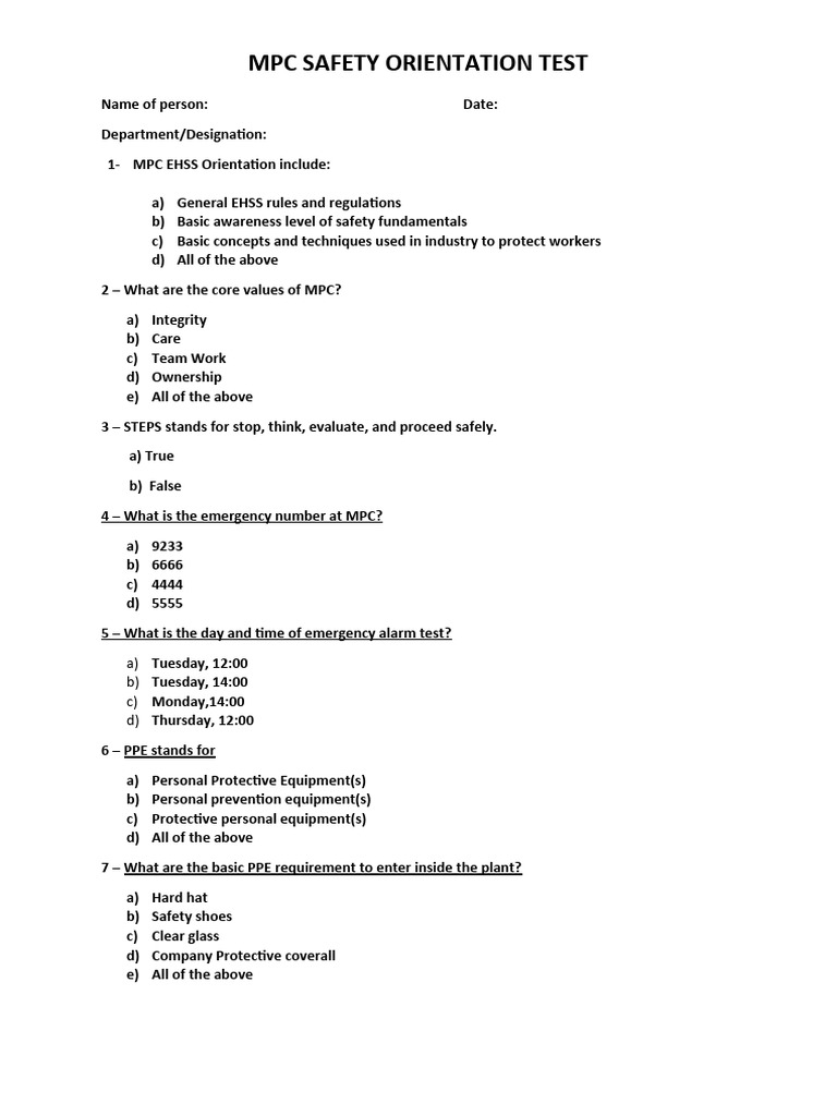 MPC Safety Orientation Test Overview | PDF | Safety | Occupational ...
