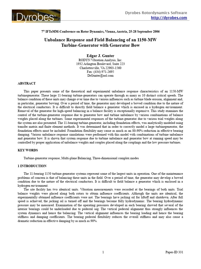 Unbalance Response Field Balancing of An 1150 MW T G With Generator Bow ...
