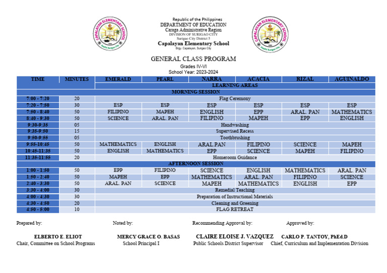 Capalayan Elementary School Class Schedule | PDF | Philippines