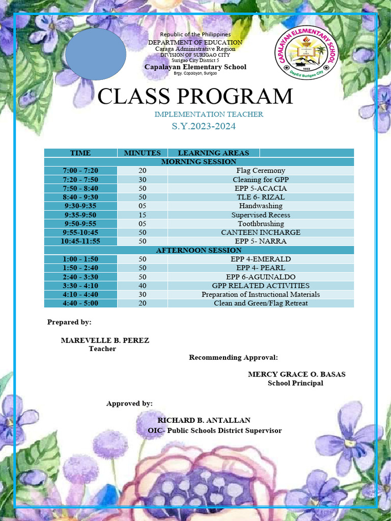 Capalayan Elementary School Class Program | PDF
