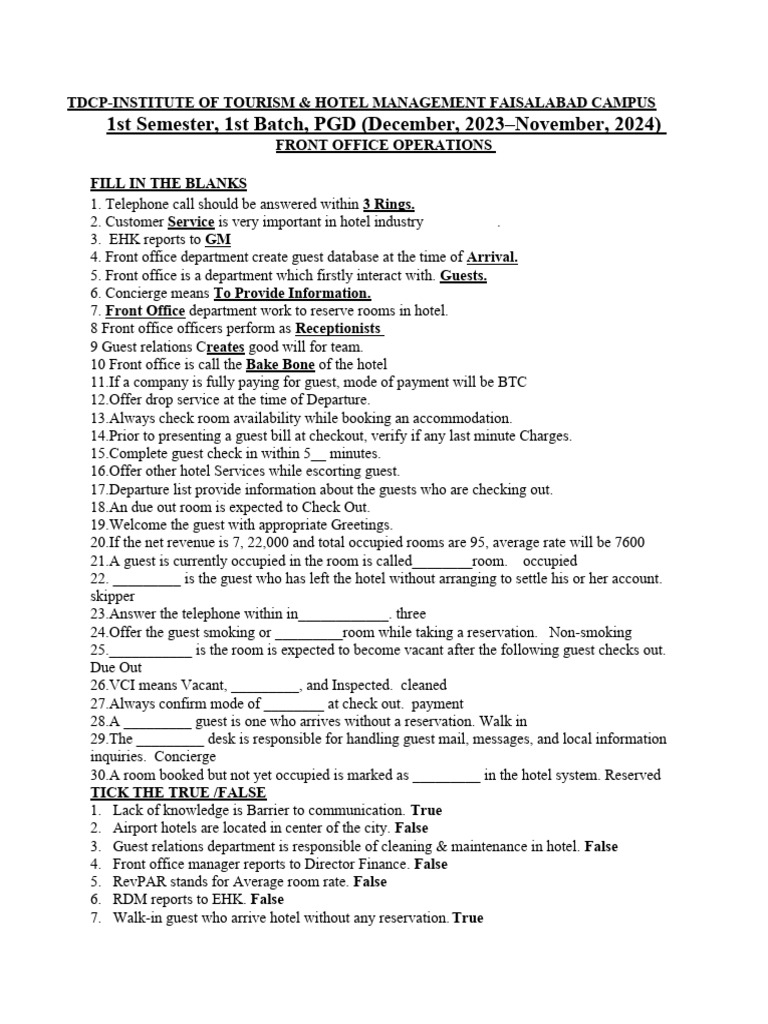 Front Office Operations Guide | PDF | Hotel | Hospitality Industry