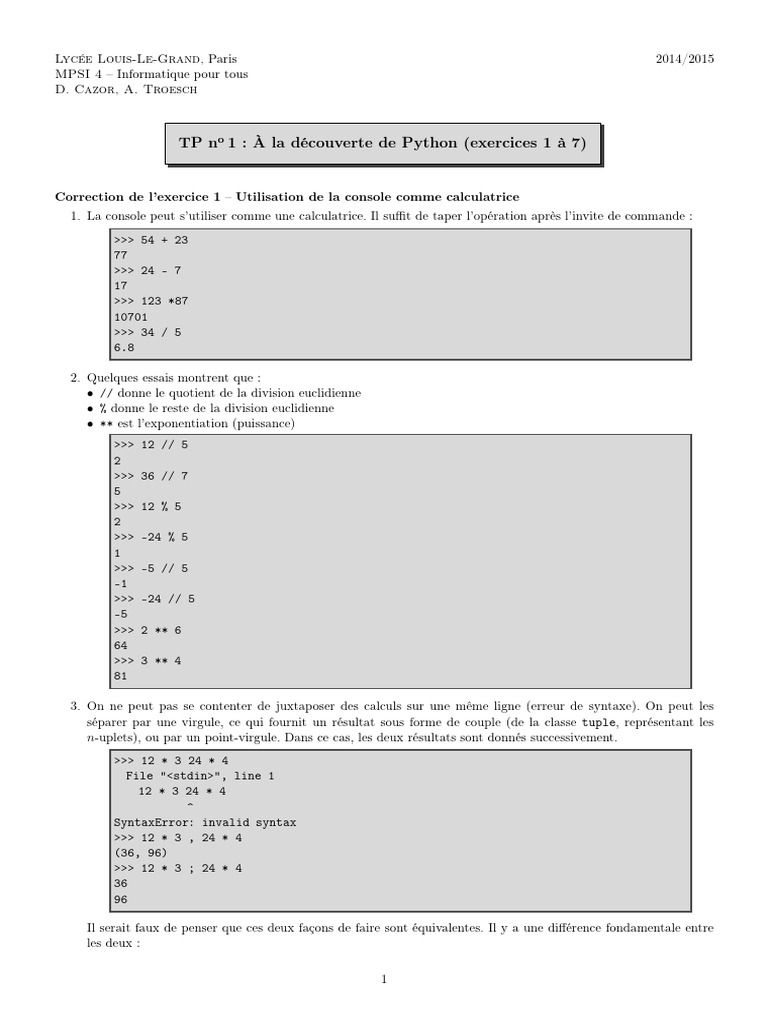 Introduction à Python : Calculs et Variables | PDF | Python (Langage de ...