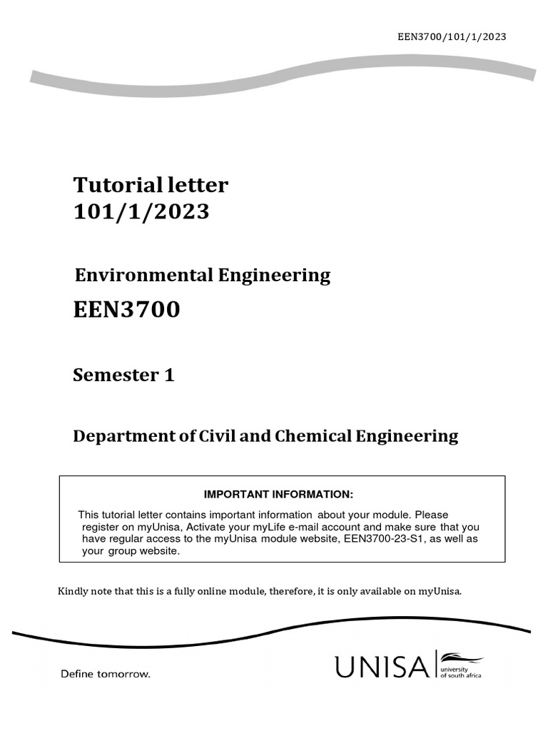 EEN3700 TUT 101 2023 (Semester 1) Download Free PDF Water Treatment Water Quality