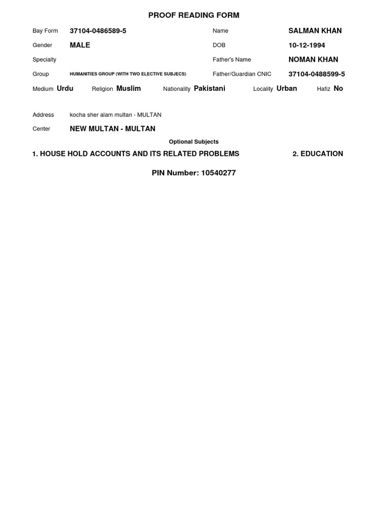 Admission Form for Salman Khan | PDF