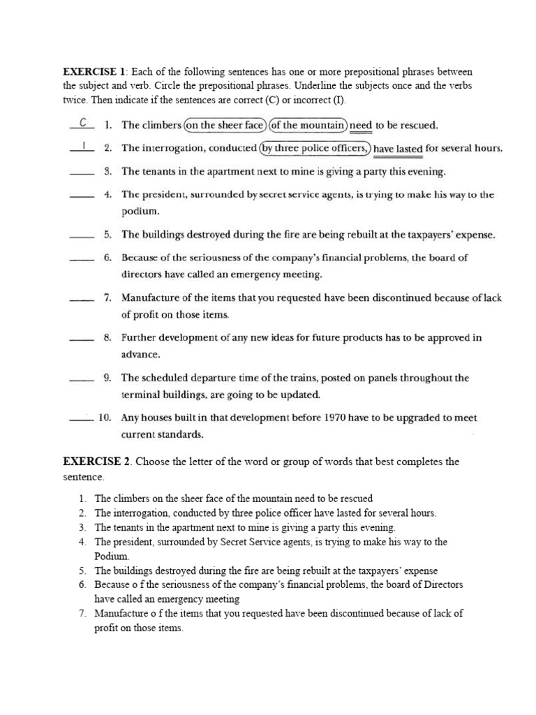 Prepositional Phrase Exercises and Corrections | PDF