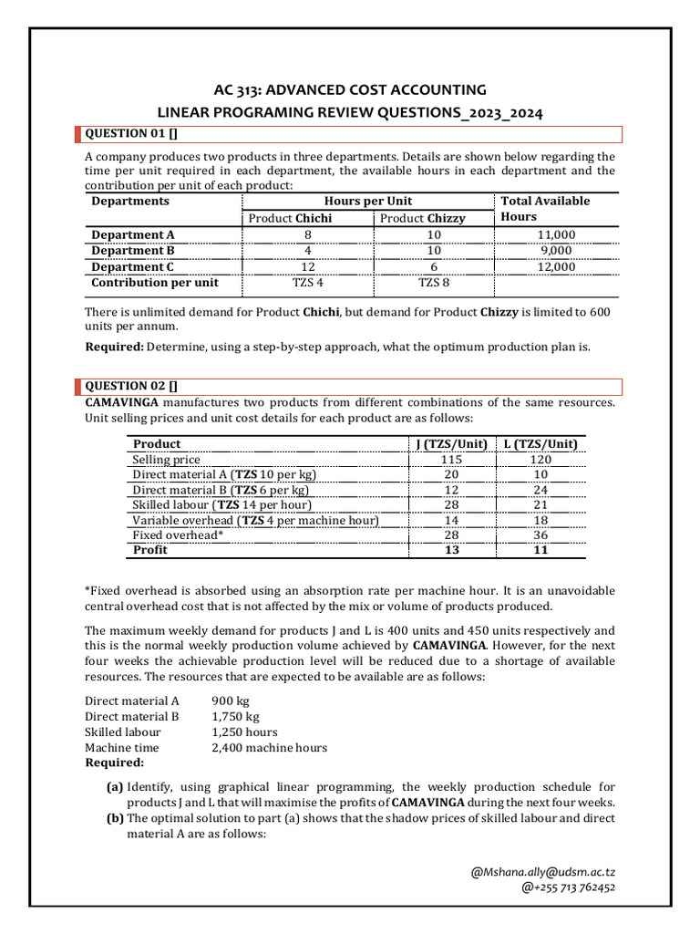 Linear Programming Review Questions - 2024 2 | PDF | Prices | Linear ...