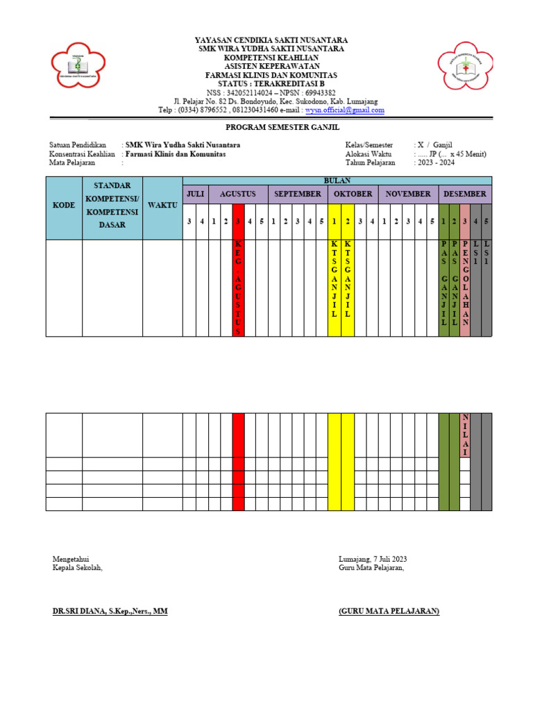 Program Semester SMK Farmasi 2023-2024 | PDF