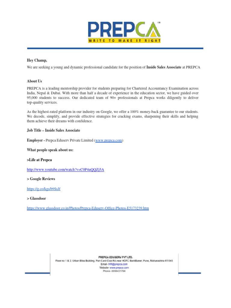 Inside Sales Associate at Prepca Eduserv | PDF | Incentive | Social ...